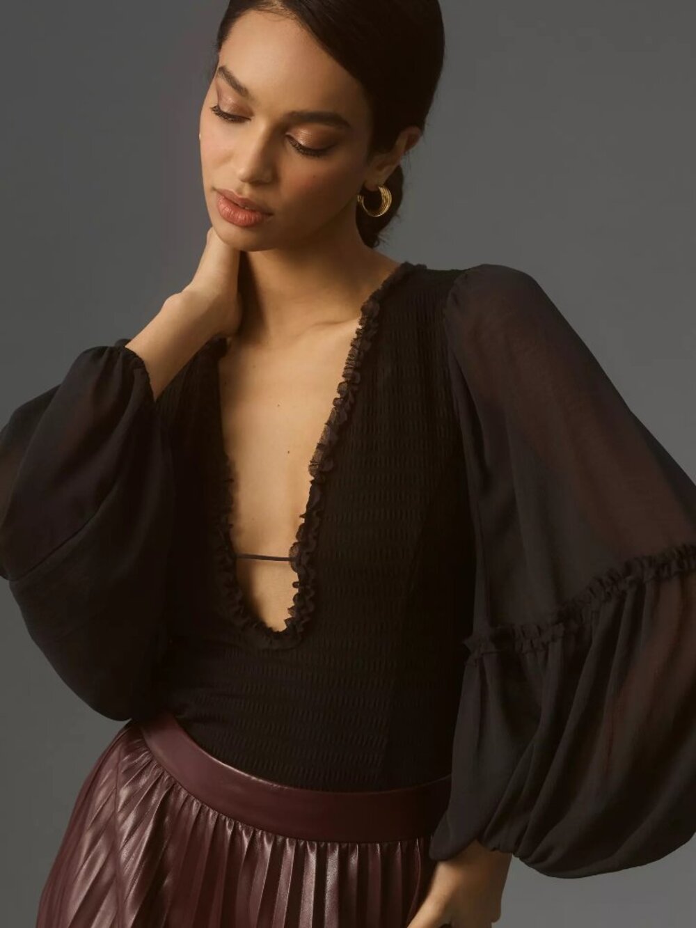 Anthropologie Deep-V Puff-Sleeve Bodysuit